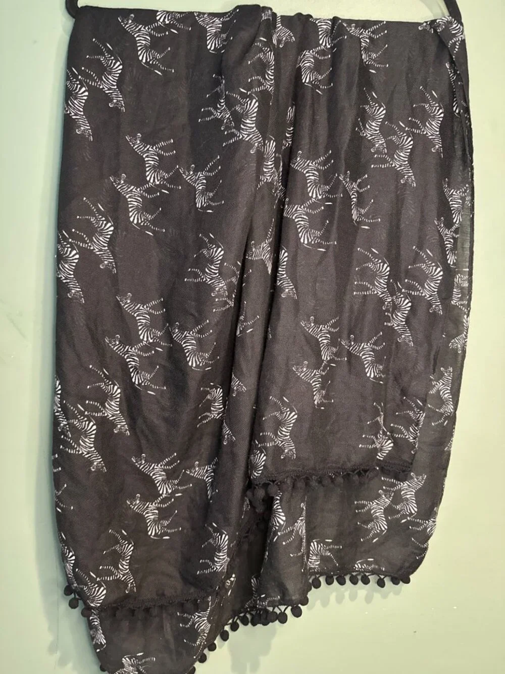 Old Navy Zebra Print Scarf Wrap One Size Black White Pom Pom Trim NWT Novelty